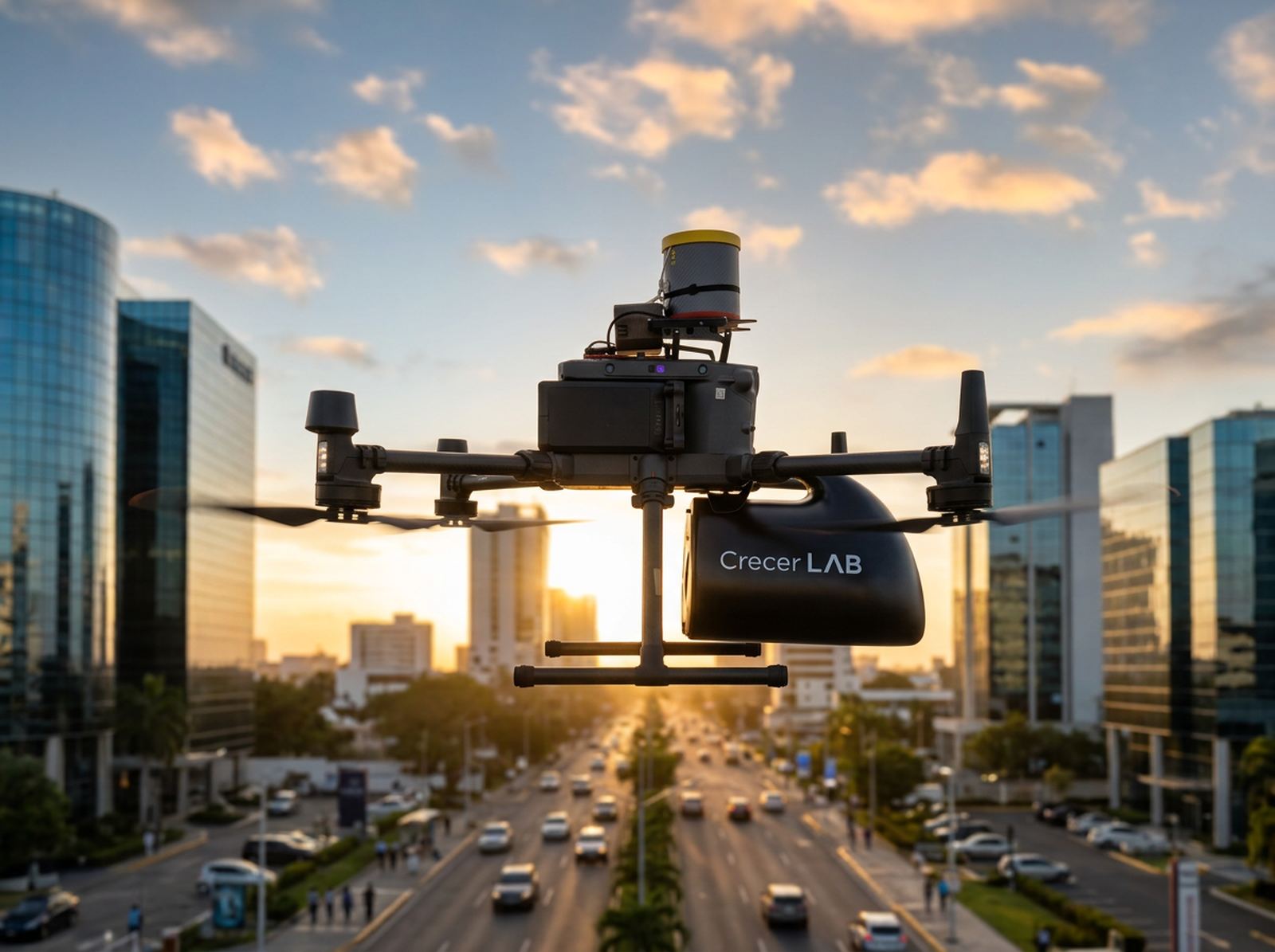 Drone CrecerLab volando sobre la Av. Winston Churchill al atardecer